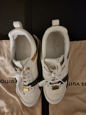 Louis Vuitton White Sneakers with Black Studded Strap and Gold Accents